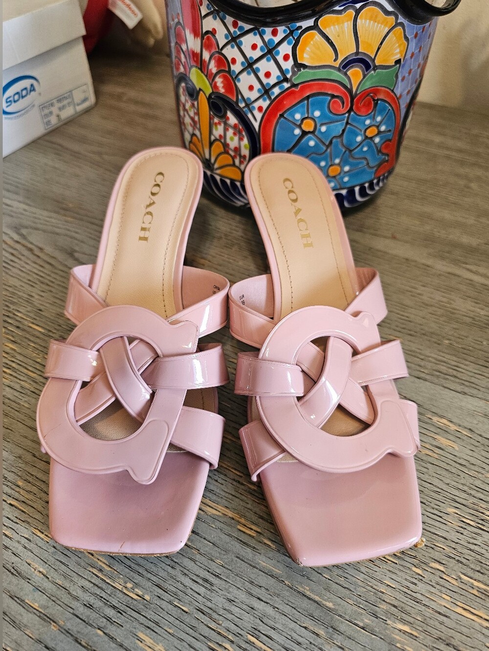 Women Coach Tillie Rose Pink Patent Leather Sandal Fashion Heels Slides Size 8.5 - Picture 3 of 10